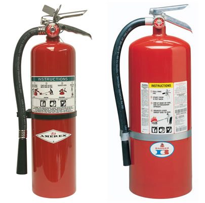 Two red fire extinguishers